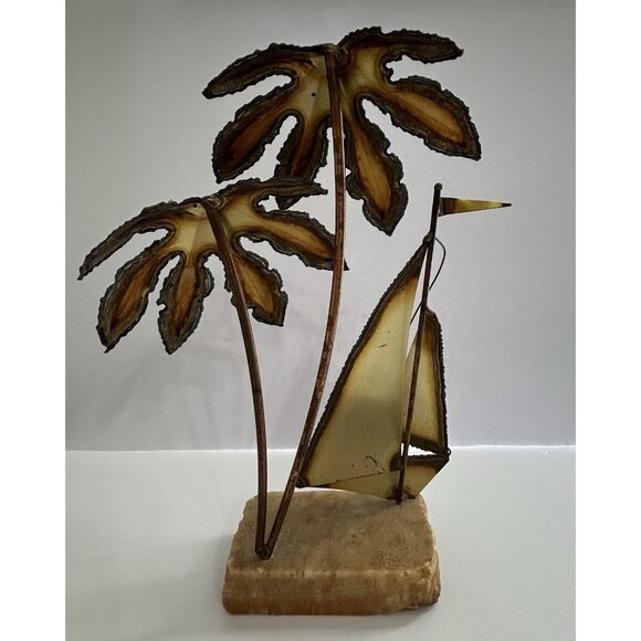 Vintage Mario Jason Signed Brass Sailboat & Palm Trees Onyx Base 12" Tall Retro - Picture 4 of 9